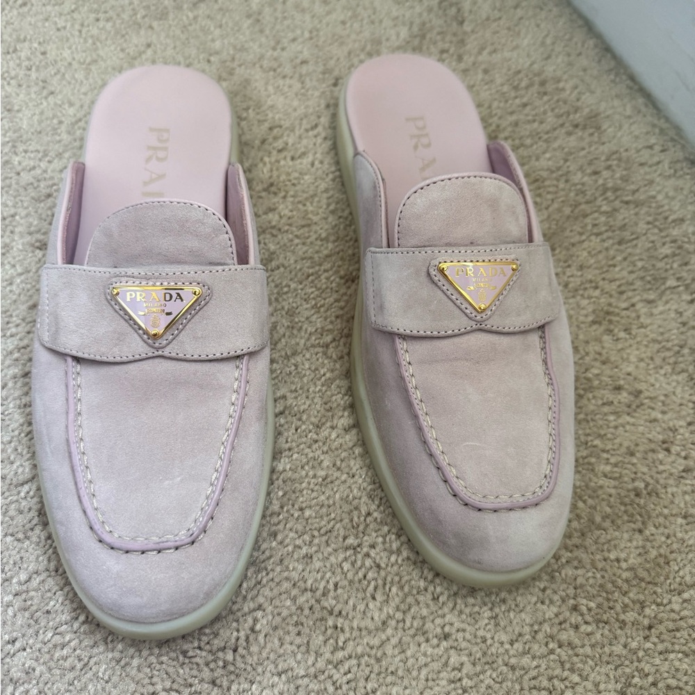 Prada Women's Light Pink Suede Slip-On Loafer Mules - Picture 2 of 6